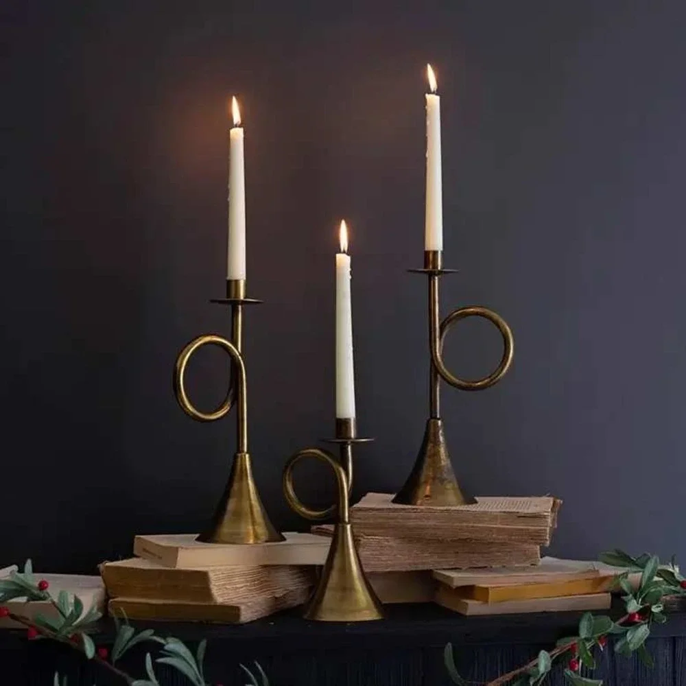 Antique Brass French Horn Taper Candle Holder Set 3 Vintage Style Candlesticks